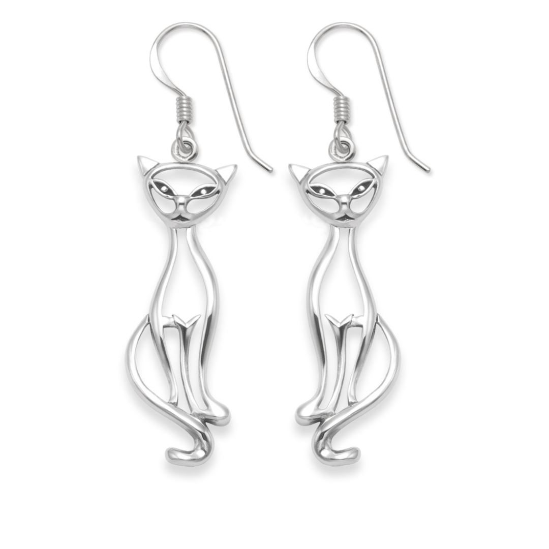 Orecchini Gatto In Argento Sterling 925 Con Gancio | Heather Needham Silver 6014 | Lunghi 2,2 Cm – Confezione Regalo