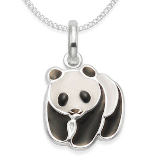 Sterling Silver Children's Panda Necklace on Silver Chain - Black & White Enamel lightweight Panda Pendant