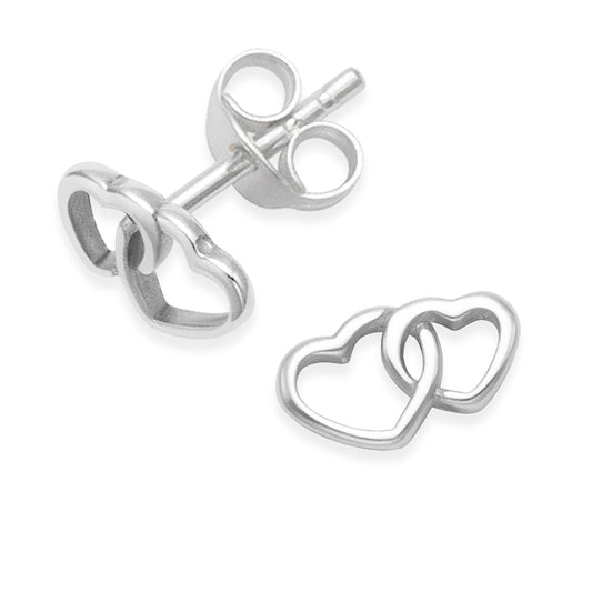 Sterling Silver Double Heart Stud Earrings - 5mm