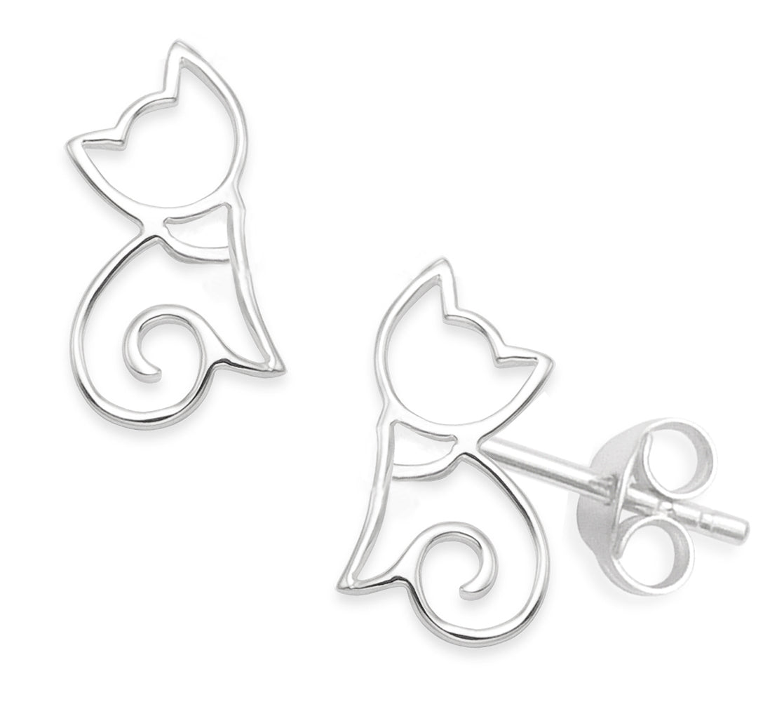 925 Sterling Silver Cat Stud Earrings