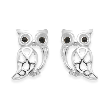 Sterling Silver Owl Stud Earrings with Black Cubic Zirconia Eyes - 10mm