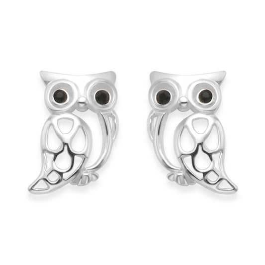 Sterling Silver Owl Stud Earrings with Black Cubic Zirconia Eyes - 10mm