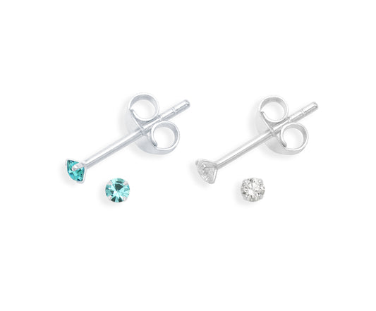 Set of 2 Pairs Sterling Silver 2mm White and Turquoise Cubic Zirconia Stud Earrings