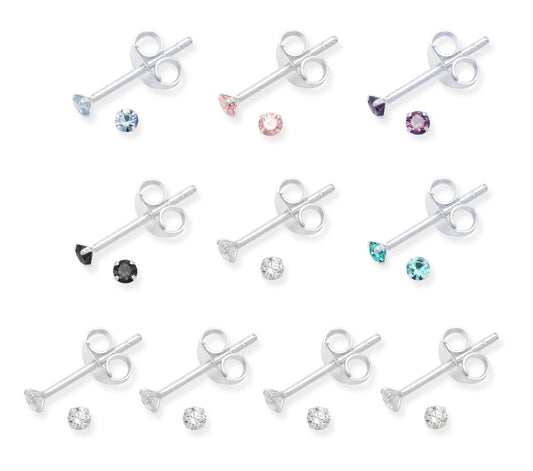 Set 10 PAIRS Genuine Sterling Silver Cubic Zirconia stud Earrings