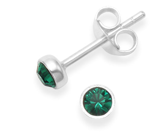 Sterling Silver Green Emerald Cubic Zirconia Stud Earrings - 4mm