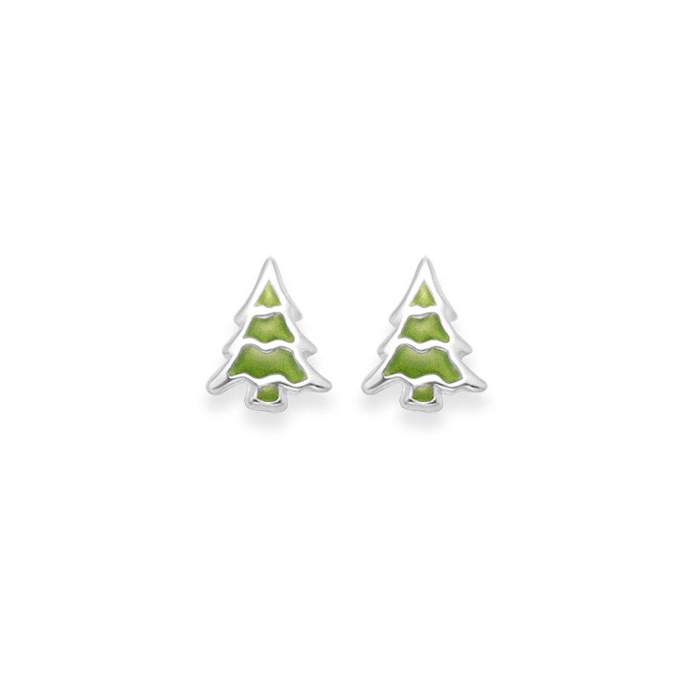 Sterling Silver Christmas Tree Earrings - Green Enamel Christmas tree studs