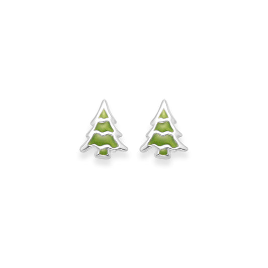 Sterling Silver Christmas Tree Earrings - Green Enamel Christmas tree studs