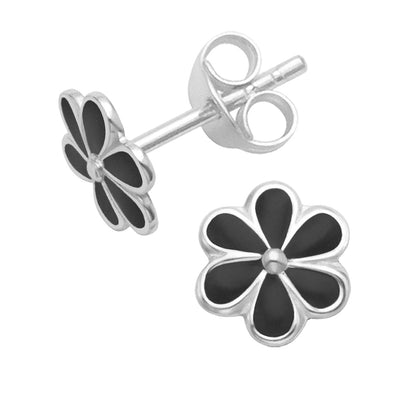 Sterling Silver Daisy Earrings - Black Enamel Daisy Stud earrings