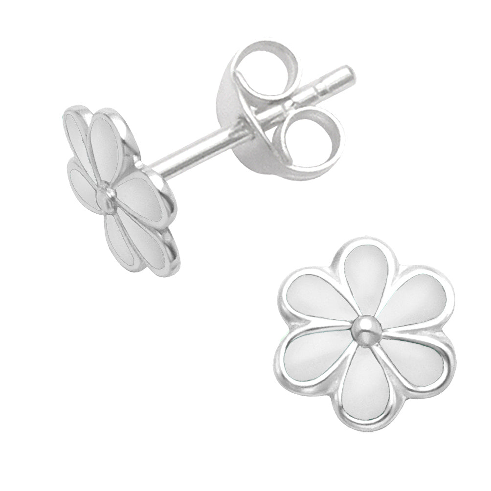 Sterling Silver Daisy Earrings White Enamel Studs