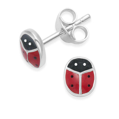 Sterling Silver Red Ladybird Earrings, Enamel Ladybird Stud - 6mm