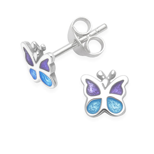 Adorable Children's Sterling Silver Butterfly Earrings | Blue & Purple Enamel