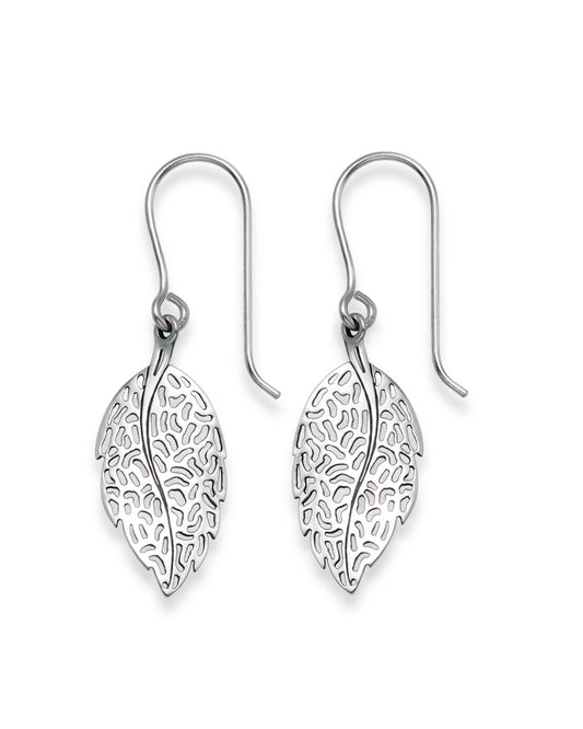 Sterling Silver Leaf Dangle Drop Earrings - 11 x 20mm