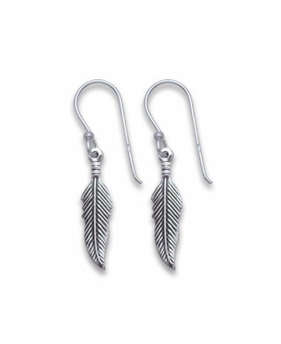 Sterling Silver Double Sided Feather Drop Earrings in Antique Finish - 20mm