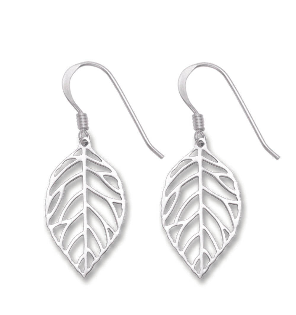 Sterling Silver Skeleton Leaf Dangle Drop Earrings - 18mm x 10mm