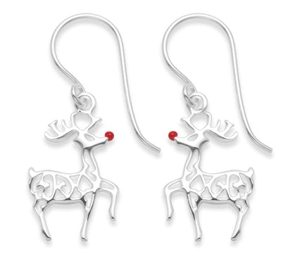 Sterling Silver Ruldolph Reindeer with red nose Earrings