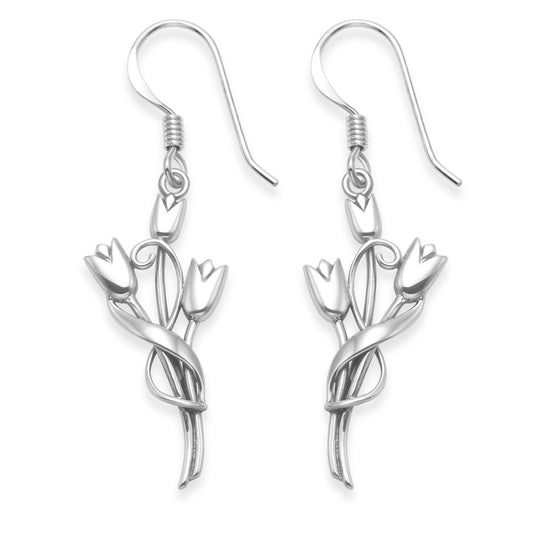 Sterling Silver Rennie Mackintosh Tulips Dangle Drop Earrings - 13mm x 25mm