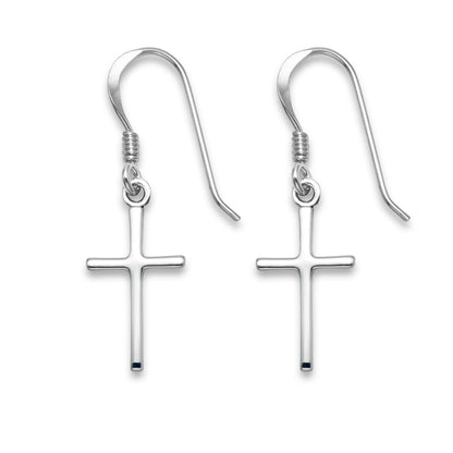 925 Sterling Silver Cross Dangle Drop Earrings - 15mm x 8mm