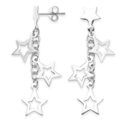 Sterling Silver Three Star Dangle Drop Earrings - 43mm x 9.5mm