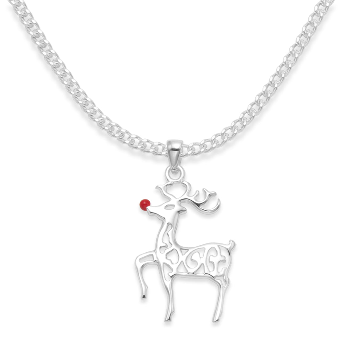 Sterling Silver Rudolph the Red Nosed Reindeer Necklace on 16" silver chain