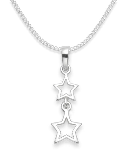 Sterling Silver Double Star Pendant Necklace on 18" Curb Chain - 18mm