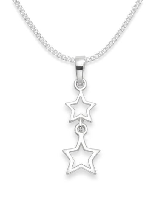 Sterling Silver Double Star Pendant Necklace on 18" Curb Chain - 18mm