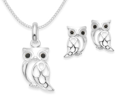 Sterling Silver Owl Necklace and Earring set - 16" silver chain. Black Cubic Zirconia owl pendant & earrings