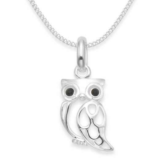 Sterling Silver Owl Necklace on Silver chain with black Cubic Zirconia eyes