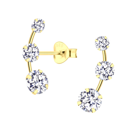 14k Gold Plated Sterling Silver Three Stone Cubic Zirconia Ear Crawler Stud Earrings