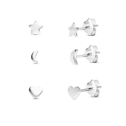 SET OF 3 Pairs Sterling Silver Heart, Moon & Star Stud Earrings - 5mm, 4mm & 4.7mm