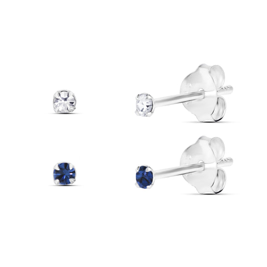 Set of 2 Pairs Sterling Silver White and Blue Cubic Zirconia Stud Earrings