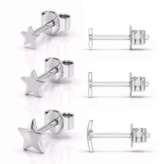 3 Pairs Sterling Silver Star Stud Earrings Set - 3mm, 4mm & 5mm