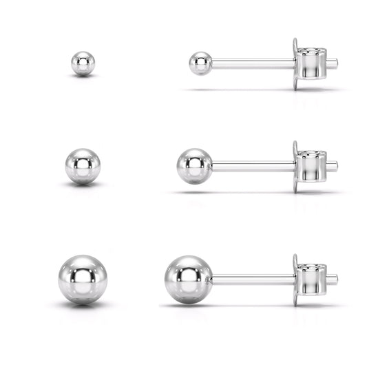 Sterling Silver Set of 3 Pair Ball Stud Earrings - Sizes 2,3 and 4mm