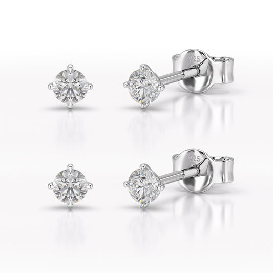 Set of 2 Pairs Sterling Silver Cubic Zirconia Stud Earrings