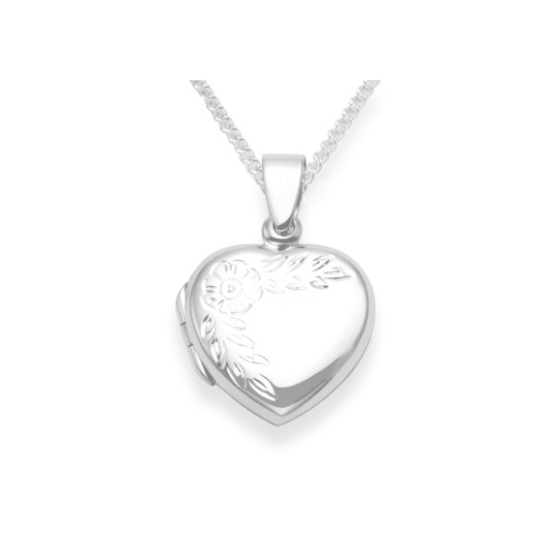 925 Sterling Silver Heart Locket Necklace with Flower Engraving | Heather Needham Silver