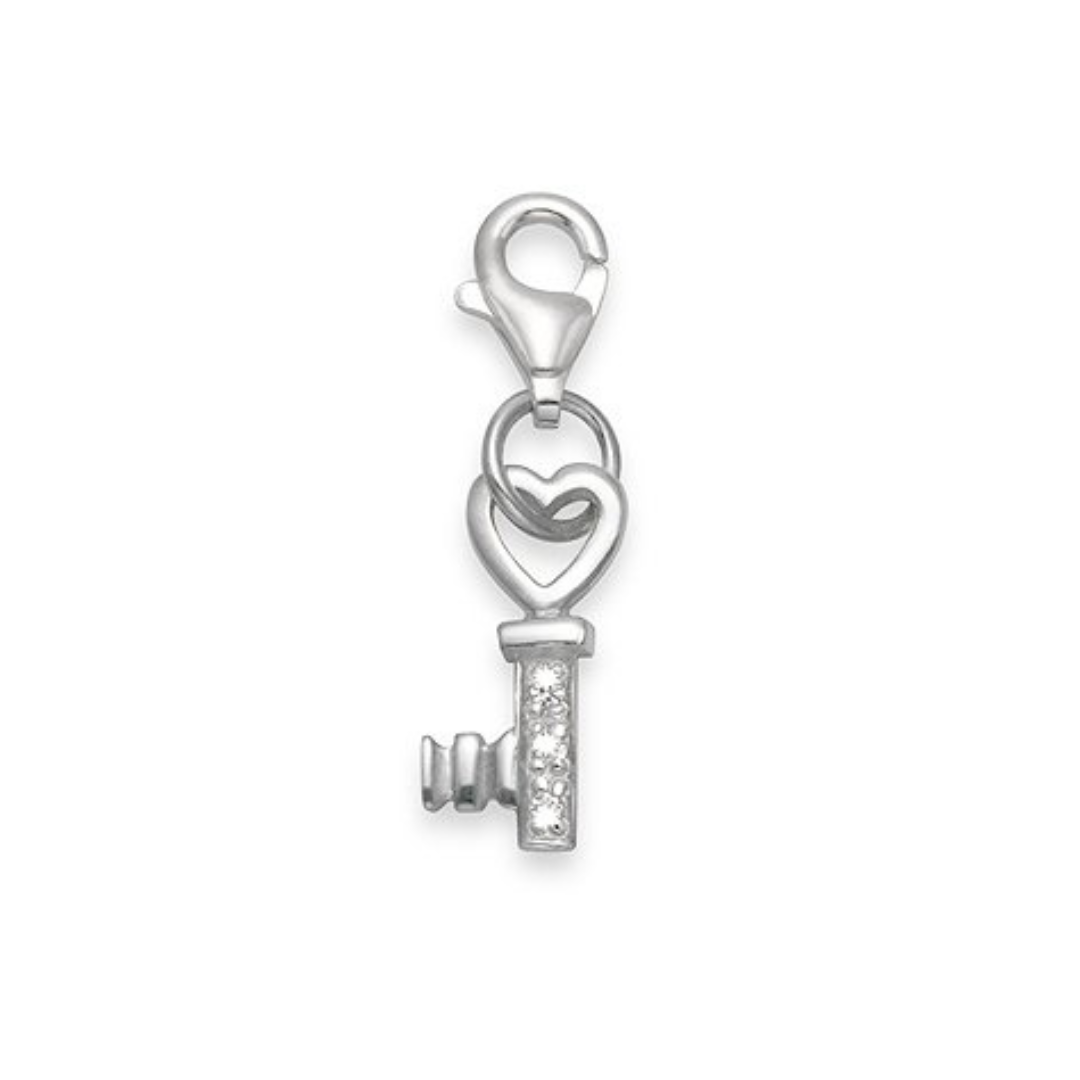 925 Sterling Silver Key Clip-on Charm with 3 Crystals | Sparkling Accessories