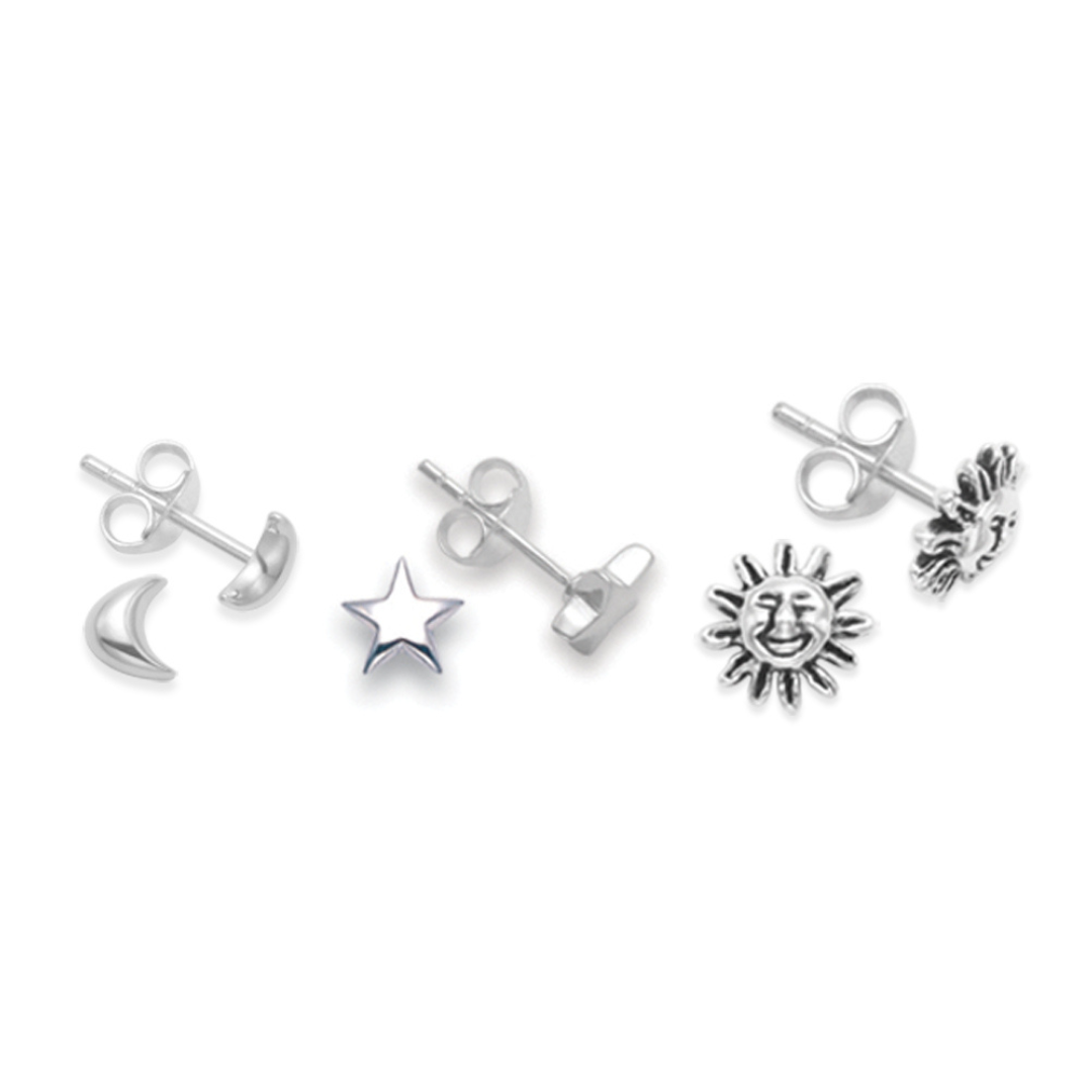 Sterling Silver Moon, Sun & Star Earrings SET- 3 Pairs of Earrings