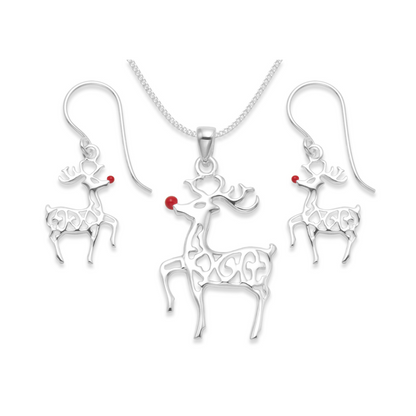 Sterling Silver Rudolph Red Nosed Reindeer Necklace & Earrings