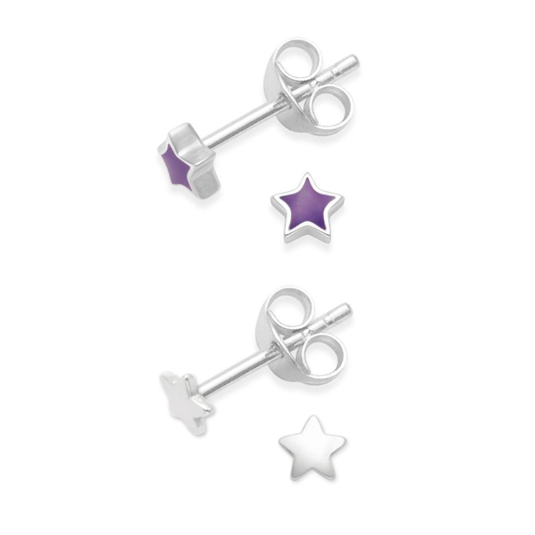 2 Pairs Sterling Silver Plain & Enamel Star Stud Earrings - A pair of elegant sterling silver stud earrings featuring a plain and enamel star design, perfect for everyday wear