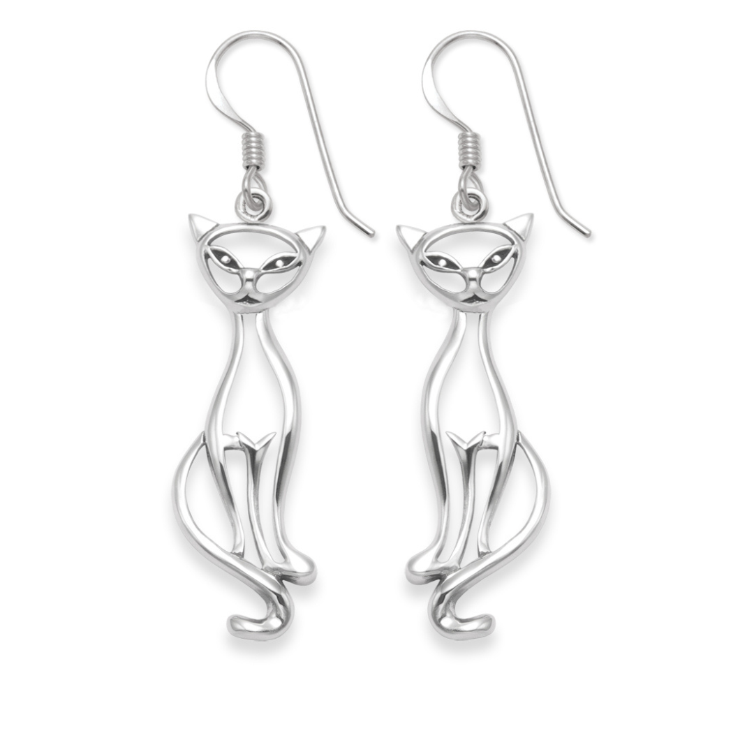 Sterling Silver Cat Dangle Drop Earrings - 22mm