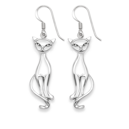 Sterling Silver Cat Dangle Drop Earrings - 22mm