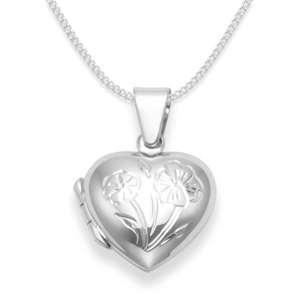 Sterling Silver Children's Heart Locket Pendant Necklace with Flower on 15" Silver Chain