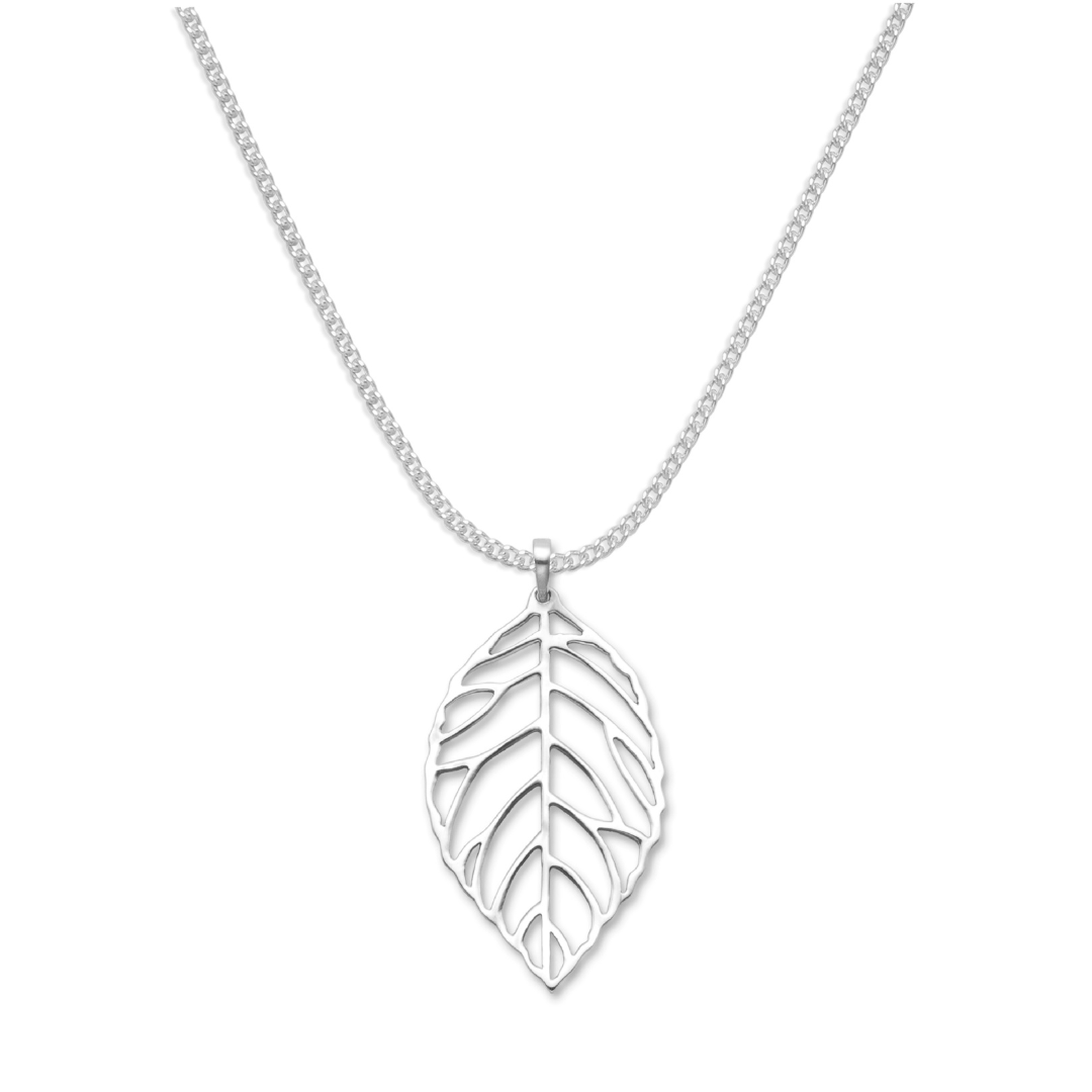 Sterling Silver Leaf Pendant Necklace on 16'' Chain - 18mm x 11mm