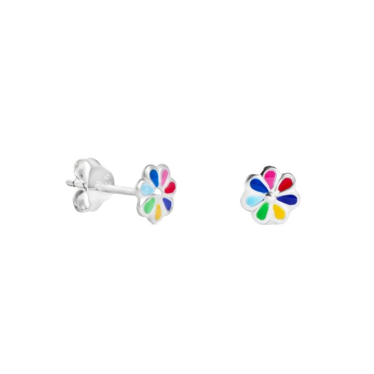 Sterling Silver Multi Coloured Flower Enamel Daisy Stud Earrings - 7mm